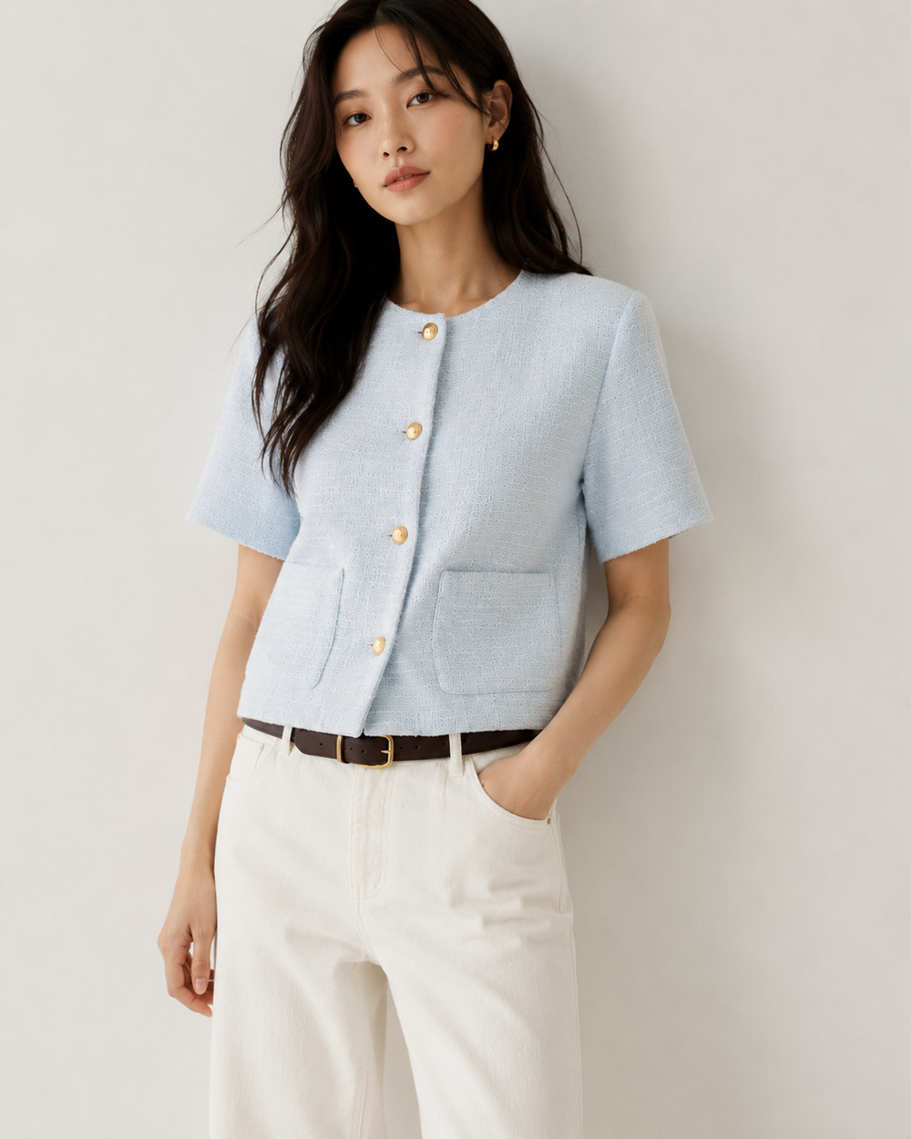 Women's Tweed Lady Jacket Large Sky Blue Cropped Gold Button Korean Old Money